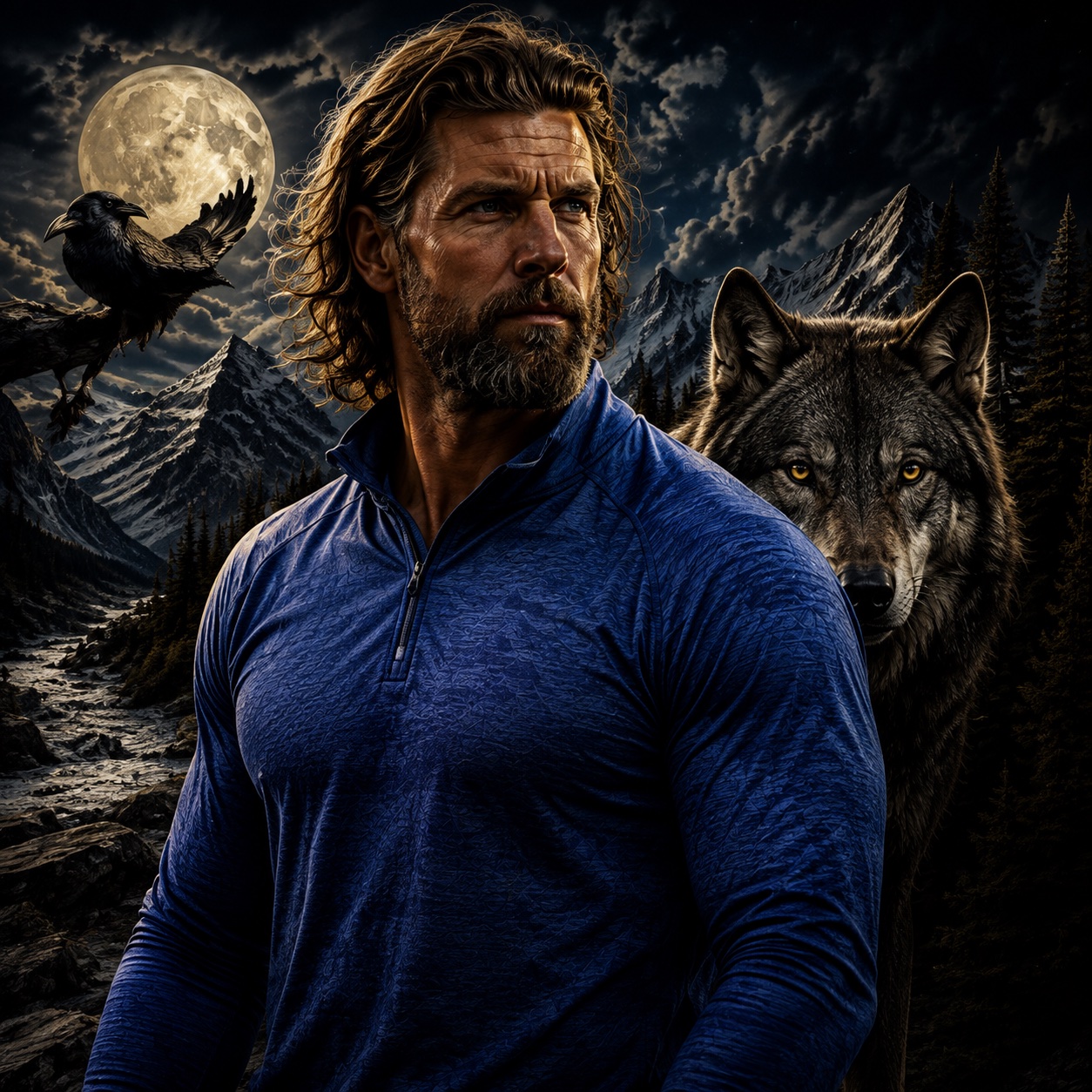 Joe’s stylized channel portrait in a blue shirt, with wolf and raven imagery