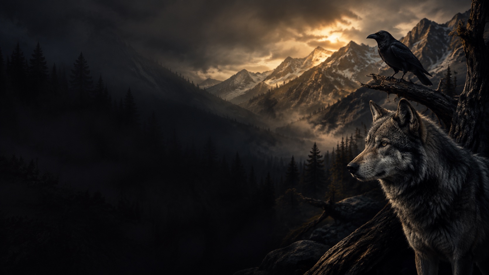A wolf and raven in a mountain forest at bronze dawn